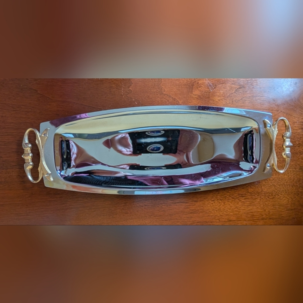 Vintage KROMEX Chrome Metal Serving Tray Platter MCM Kitchenware Gold Handles